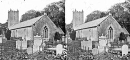 Small church with square battlemented tower in graveyard, showing gravestones inscribed to Turner, Burns, Houston, Snoddy, Harvey etc