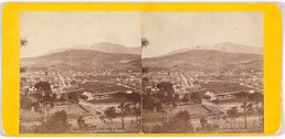 Hobart Town from the Domain looking west showing Quadrant and Trinity Cemetery, (near Campbell Street), Burnett Street in centre and Smith St to the right; Knocklofty and snow-capped Mt Wellington in background