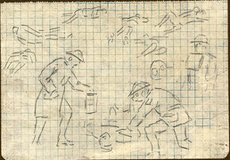 Sketch of soldiers in gas masks attending to wounded men