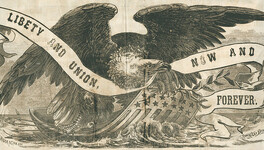 Eagle on shield with banner woodcut., 1861