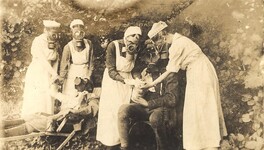 Nurses in gas masks at the trenches, Germany
