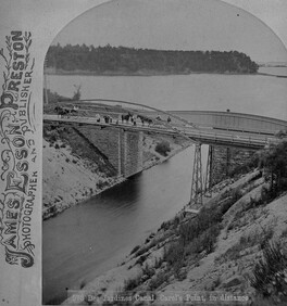 Desjardins Canal with Carroll's Point in distance. Incorrect spelling on photograph.