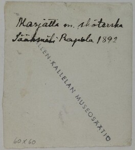 Backside of the picture of Marjatta GallÃ©n and her nurse in Rapola, SÃ¤Ã¤ksmÃ¤ki, 1892.