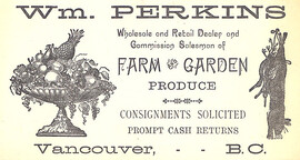 [Business card for Wm. Perkins, wholesale and retail dealer and commission salesman of farm and garden produce]