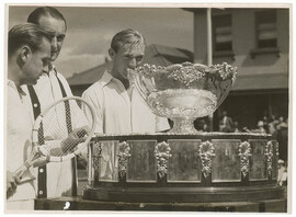 Australians John Bromwich and Adrian Quist with the Davis Cup, Pratten Park, Ashfield, Sydney, November 1939 / photographer Sam Hood