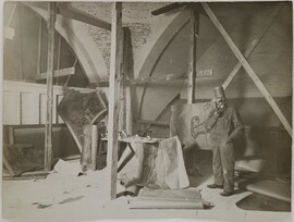 Akseli Gallen-Kallela with models and sketches of the Kalevala cupola frescoes in the National Museum of Finland, 1928.