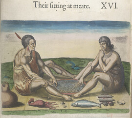Travels through Virginia. [ From Theodor de Bry's 'America', Vol. I, 1590, after a drawing of John White]. - caption: ''Their sitting at meate'. Engraving of two figures seated on a strip of matting, eating with their right hands from a large circular dis