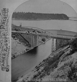 Desjardins Canal with Carroll's Point in distance. Incorrect spelling on photograph.