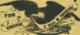 Eagle on shield with banner woodcut, ca. 1862