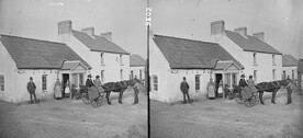 Cottage with fine tied down, thatch, F Kane, licensed tobacco dealer, outside car, people
