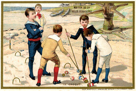 [Advertising card depicting boys playing croquet]
