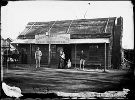 Neil McKinnon's Robert Burns Hotel, showing family with little boy dressed in Scottish tartan kilt, Gulgong, 1870-1875, by American & Australasian Photographic Company