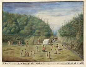 A Collection of Drawings made in the Countries visited by Captain Cook in his First Voyage. 1768-1771. - caption: 'A view of the Endeavour's watering place in the Bay of Good Success, Tierra del Furgo, with natives. January 1769.'