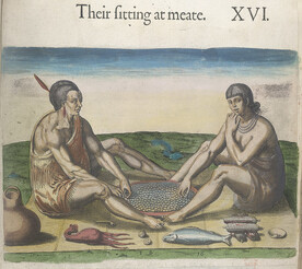 Travels through Virginia. [ From Theodor de Bry's 'America', Vol. I, 1590, after a drawing of John White]. - caption: ''Their sitting at meate'. Engraving of two figures seated on a strip of matting, eating with their right hands from a large circular dis