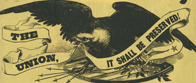 Eagle on shield with banner woodcut, ca. 1862