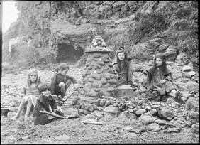 Children building sandcastles at seaside, Tasmania (c1900s)