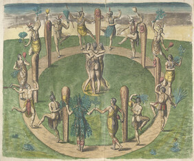 Travels through Virginia. [From Theodor de Bry's 'America', Vol. I, 1590, after a drawing of John White]. - caption: ''The Virginian's manner of dancing at their religious festivals'. Engraving of a group Native Indians dancing round a circle of wooden po