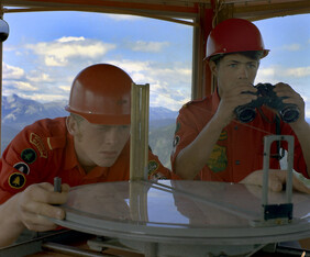 Junior Forest Wardens in a lookout tower, Blue Lake, Alberta.