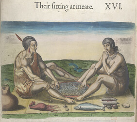 Travels through Virginia. [ From Theodor de Bry's 'America', Vol. I, 1590, after a drawing of John White]. - caption: ''Their sitting at meate'. Engraving of two figures seated on a strip of matting, eating with their right hands from a large circular dis