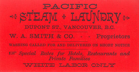 [Business card for Pacific Steam Laundry, W. A. Smith & Co.]