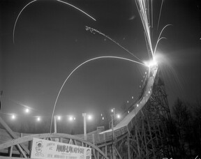 Fireworks ignited from the top of a ski jump