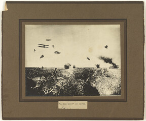 "A hop-over at Ypres" - composite photograph showing a bayonet charge by Australian troops; also shows biplanes, undated but presumably Passchendaele (3rd Battle of Ypres)
