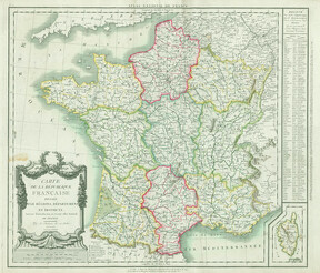 Carte de la RÃ©publique franÃ§aise divisÃ©e par rÃ©gions, dÃ©partements et districts