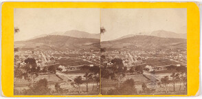 Hobart Town from the Domain looking west showing Quadrant and Trinity Cemetery, (near Campbell Street), Burnett Street in centre and Smith St to the right; Knocklofty and snow-capped Mt Wellington in background