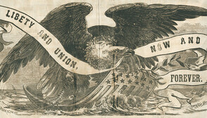Eagle on shield with banner woodcut., 1861