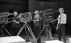 Tamvisionâ€™s camera operators Kauno Peltola, Lasse Koskinen and Tuomo Kurikka pose next to television cameras at Frenckellâ€™s studio in Tampere, 1.2.1965