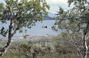 Rowboat on lake Satisjaure (Satihaure), GÃ¤llivare, Lappland, Sweden