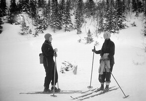 Two ladies on skis in Storlien, JÃ¤mtland, Sweden