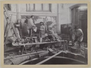 Axel GallÃ©n and his assistants painting the fresco Spring in the JusÃ©lius Mausoleum in Pori, ca.1902; photograph 2.