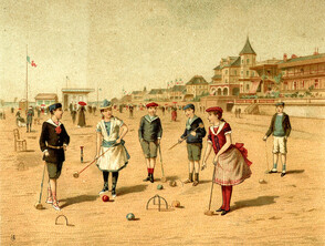 [Advertising card depicting children playing croquet]