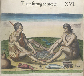 Travels through Virginia. [ From Theodor de Bry's 'America', Vol. I, 1590, after a drawing of John White]. - caption: ''Their sitting at meate'. Engraving of two figures seated on a strip of matting, eating with their right hands from a large circular dis