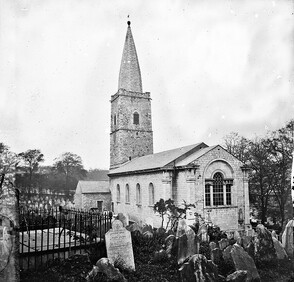 "Church with square tower of rubble masonry" is the original St Finbarre's Cathedral, Cork