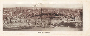 From the Harbour - improved wharfage accommodation in course of construction, General Post Office, Queen Victoria Markets and Town Hall, Observatory and park