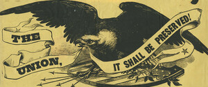 Eagle on shield with banner woodcut, ca. 1862