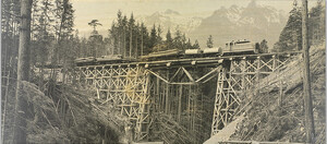 [View of train crossing trestle bridge]