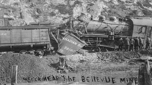 Train wreck near Bellevue Mine, Crowsnest Pass, Alberta
