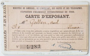 Backside of the card of exhibitor Axel GallÃ©n from Exposition Universelle of 1900, in Paris.