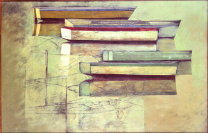 Marinha com cinco barcos Autor: Carlos Scliar Ano: 1972  TÃ©cnica: Ã“leo sobre Eucatex e colagem  DimensÃµes: 65cm x 100cm