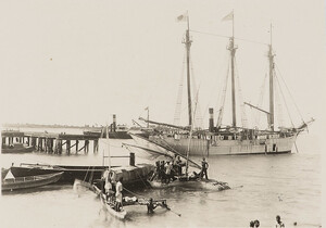 Japanese schooner and local vessels, Jaluit Lagoon, Marshall Islands, Thomas J. McMahon, 1916 - 1917
