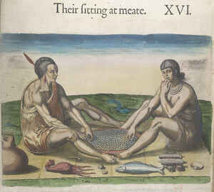 Travels through Virginia. [ From Theodor de Bry's 'America', Vol. I, 1590, after a drawing of John White]. - caption: ''Their sitting at meate'. Engraving of two figures seated on a strip of matting, eating with their right hands from a large circular dis