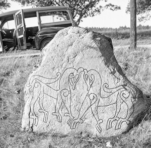 Two animals at ancient carved stone, Navsta, Torsvi, Uppland, Sweden