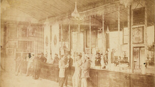 Bartenders and theatre manager George Coppin (in top hat), Crystal Bar, Cremorne Gardens,  Richmond, Victoria, ca. 1860