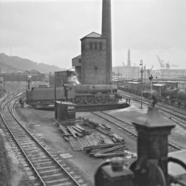 A tempting tableau of turntable, tower, tracks and trains.